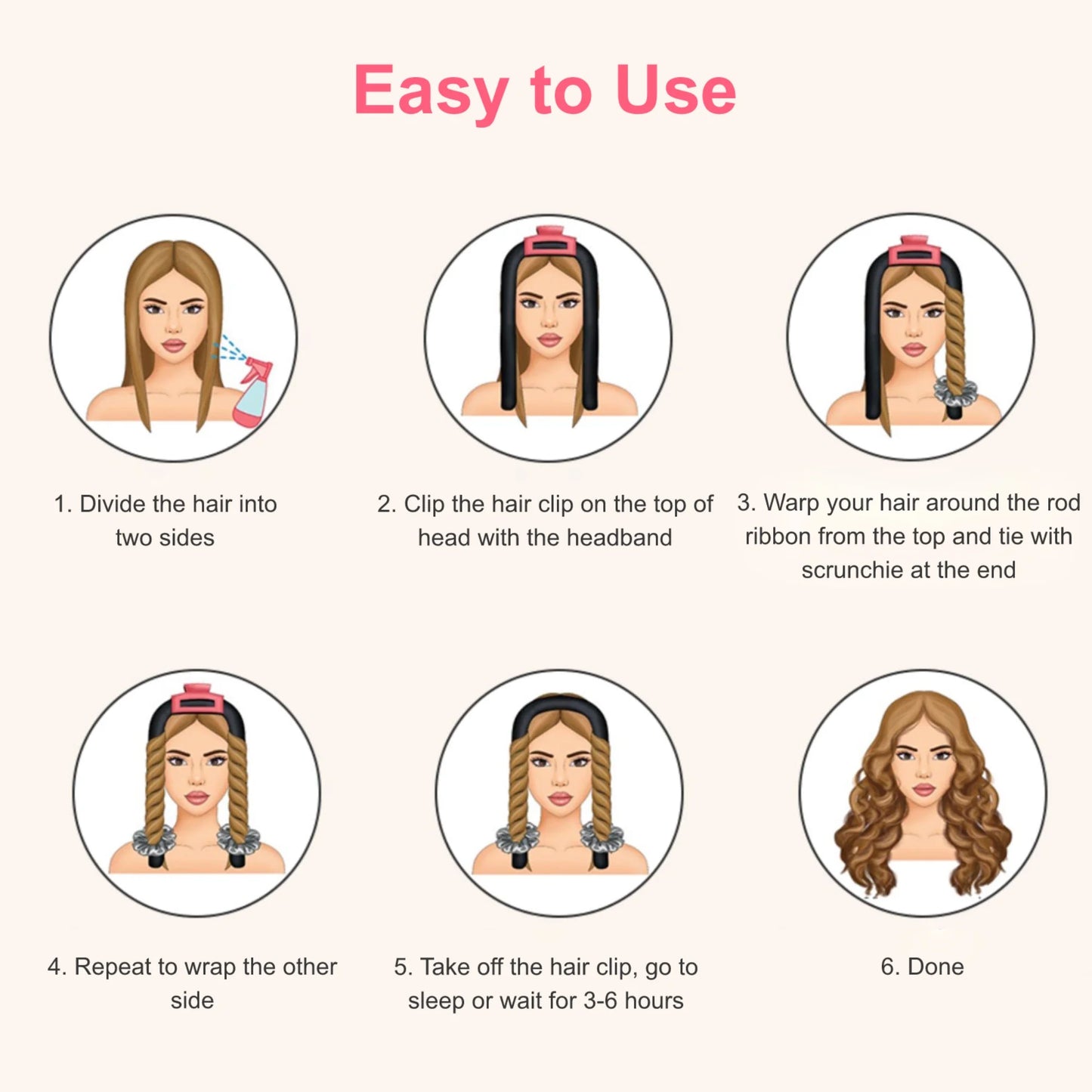Heatless Curling Headband,  Hair Curling Rod, No Hot Hair Roller, Foam Curl Ribbon with Hair Claw Clip and Scrunchies