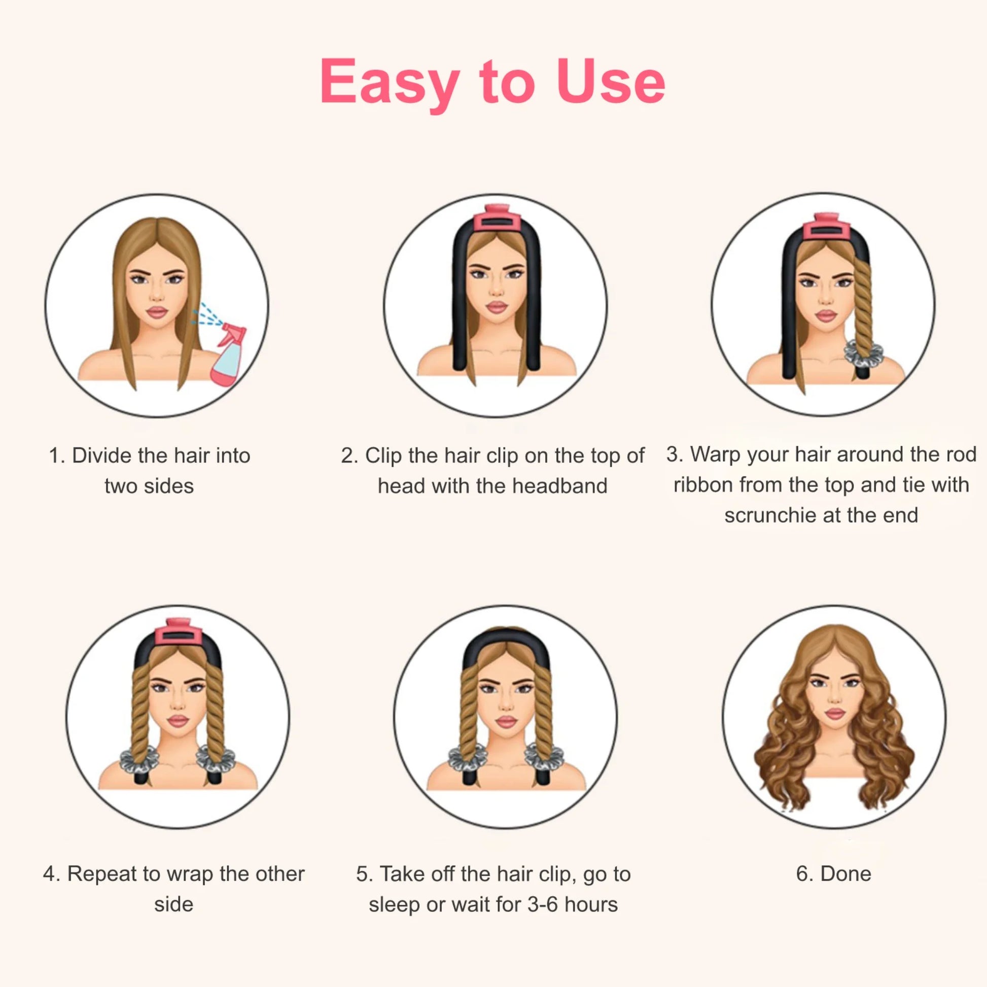 Heatless Curling Headband,  Hair Curling Rod, No Hot Hair Roller, Foam Curl Ribbon with Hair Claw Clip and Scrunchies