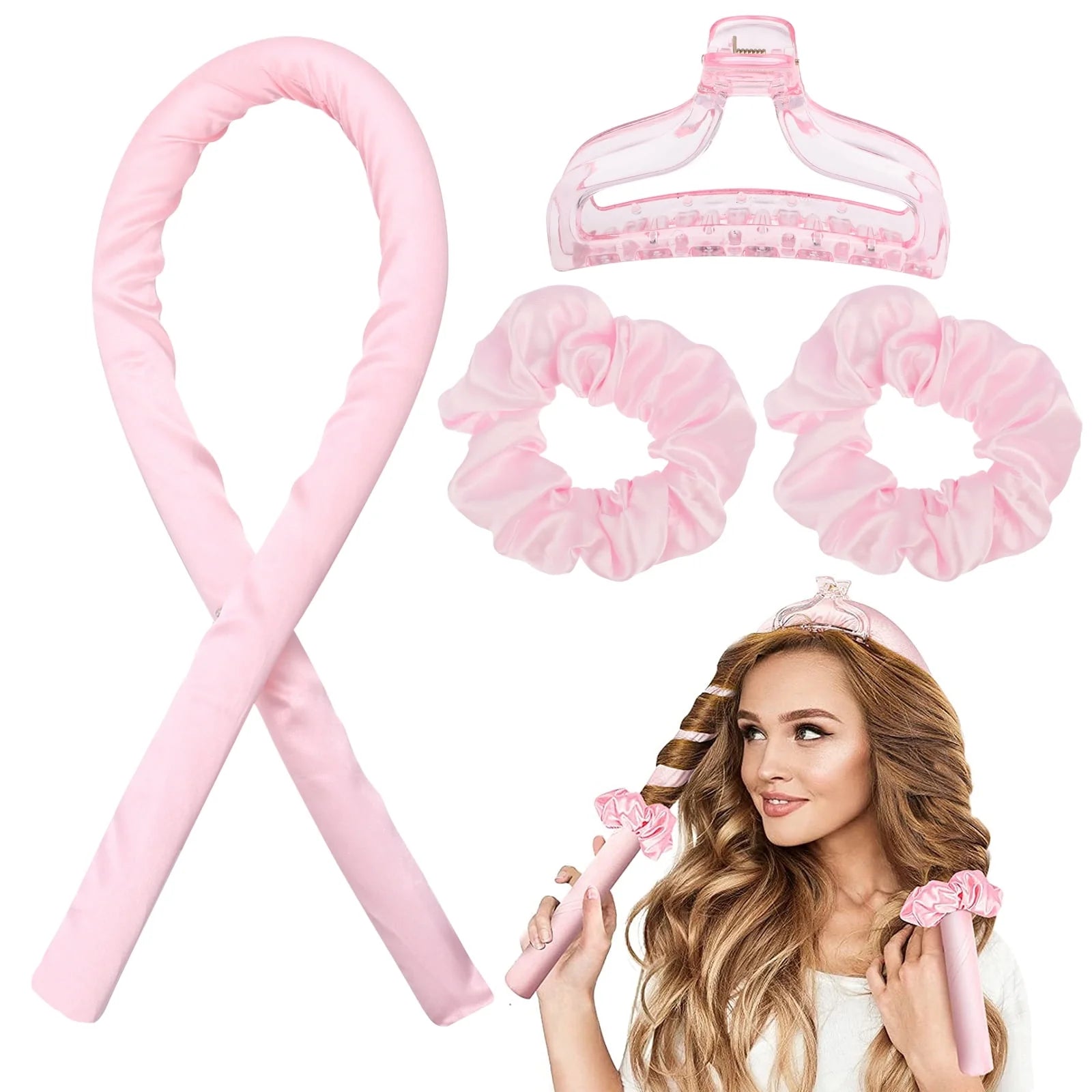 Heatless Curling Headband,  Hair Curling Rod, No Hot Hair Roller, Foam Curl Ribbon with Hair Claw Clip and Scrunchies
